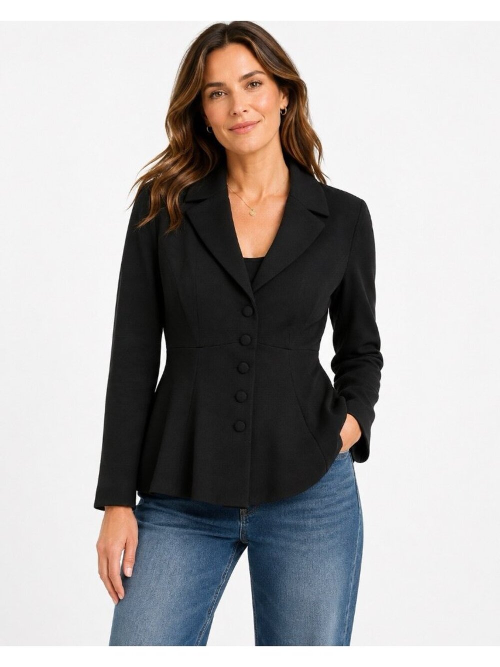 VICKY TIEL jacket blazer black peplum knit 12 modern stretch minimalist casual
